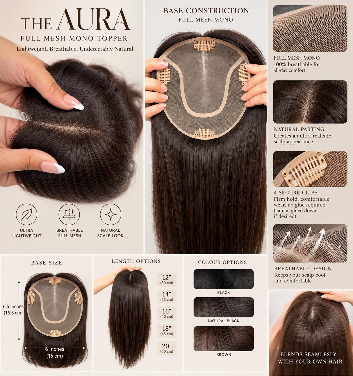 The Aura | Human Hair Topper Breathable Mono Mesh