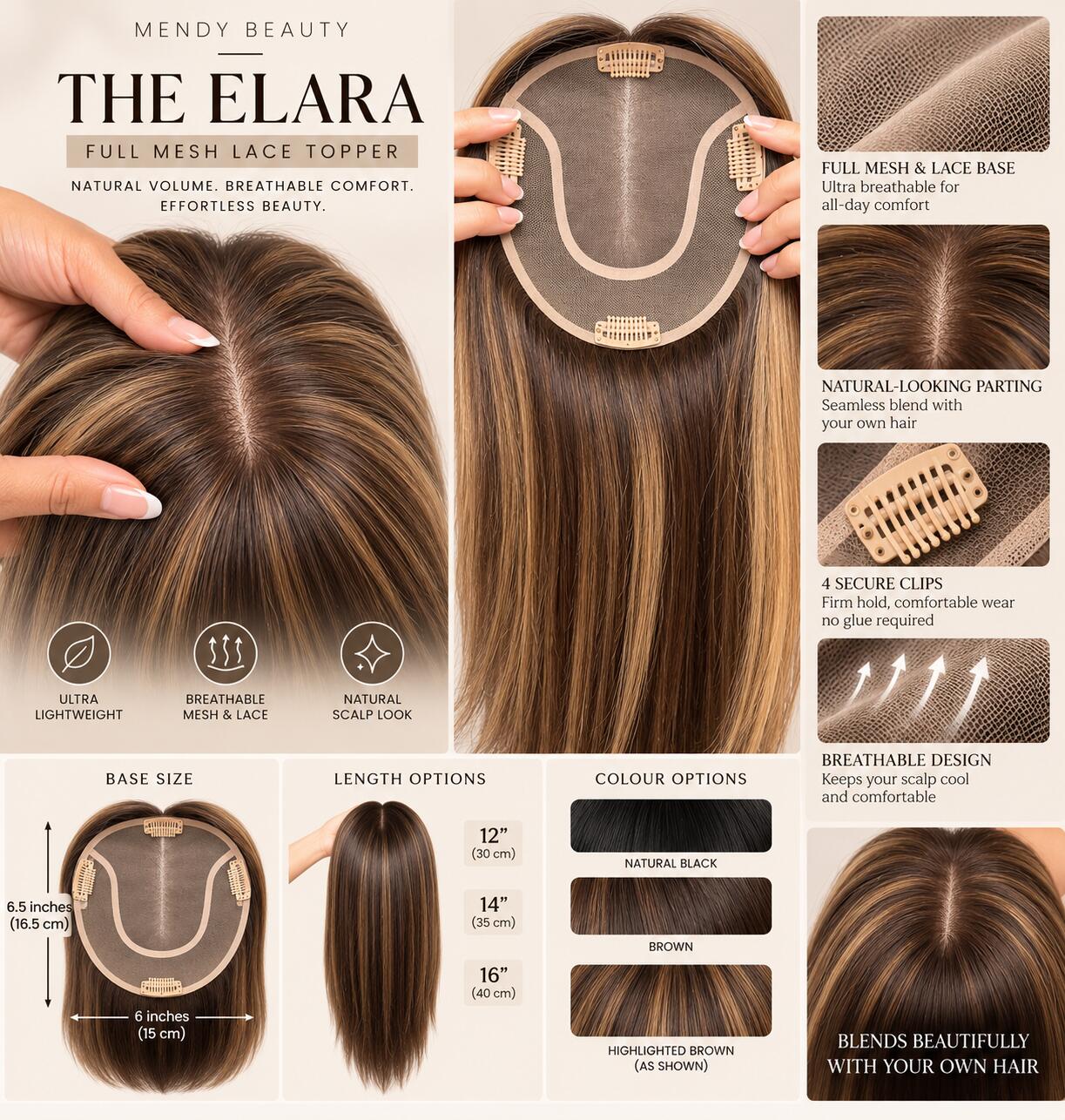 The Elara Human Hair Topper – Breathable Mesh & Lace