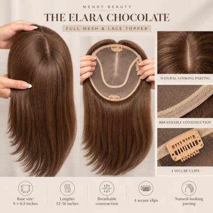 The Elara Chocolate Human Hair Topper – Full Mesh & Lace