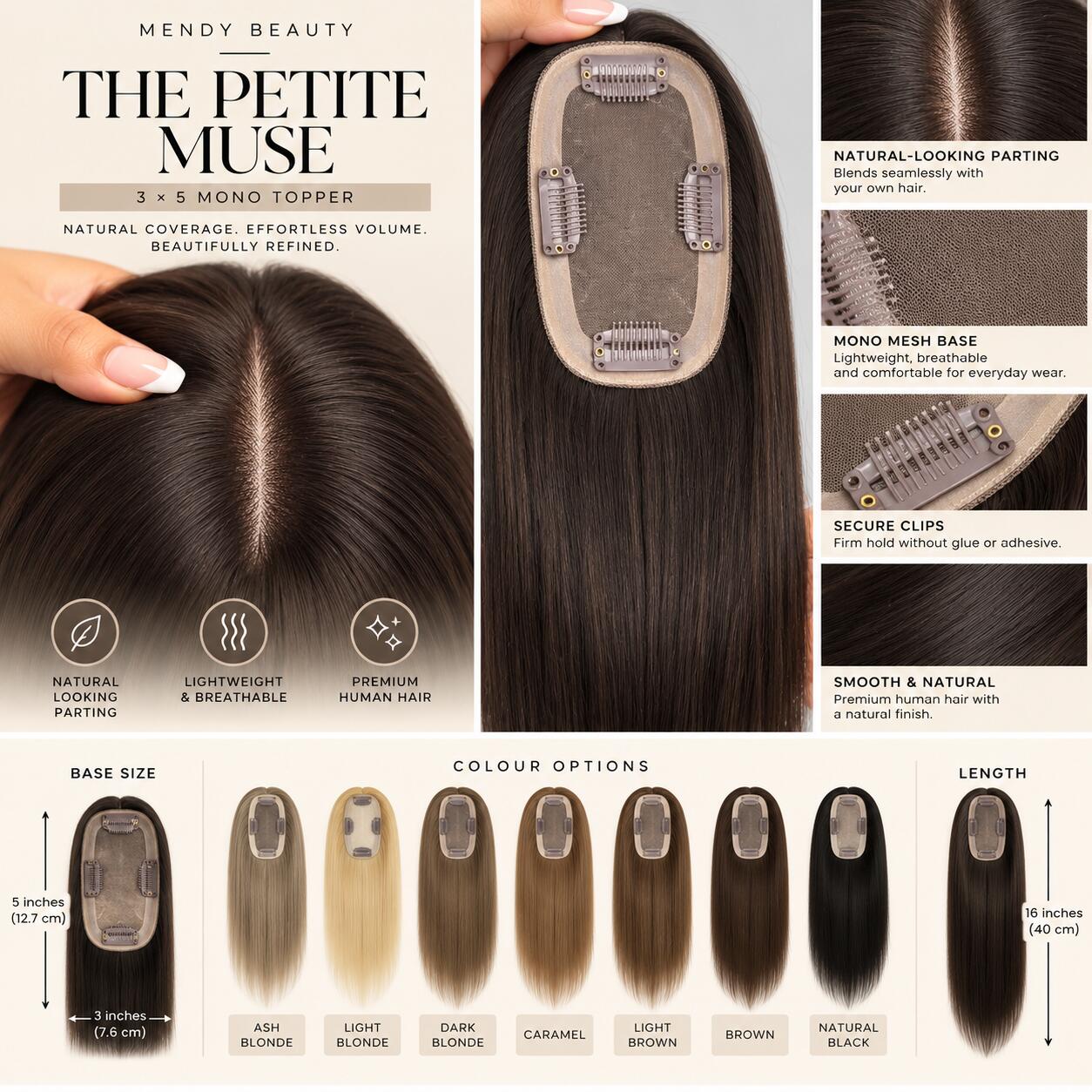 The Petite Muse – Human Hair Mono Topper | 3×5 Mesh Base